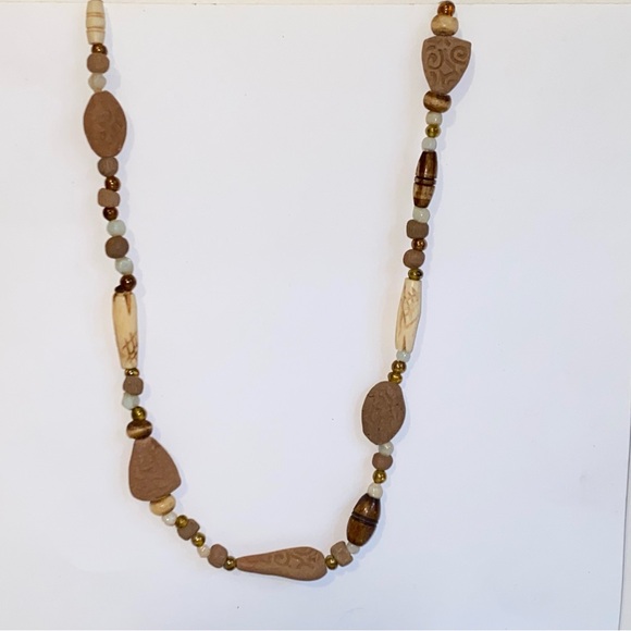 Vintage Ethnic Beaded 16" Necklace Terra Cotta Clay Glass Etched Faux Bone Beads - Picture 6 of 10